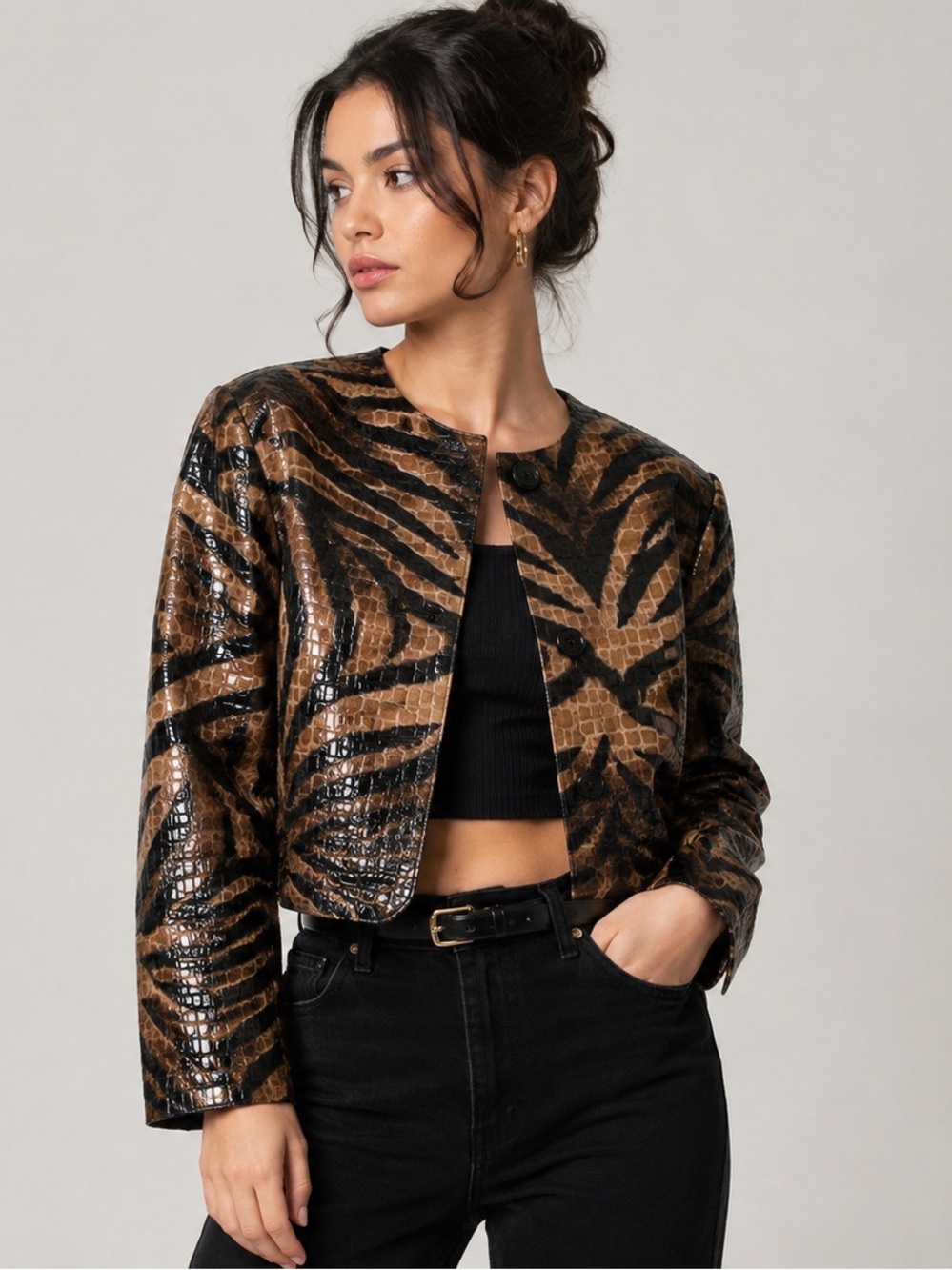 Selene Sport XL Animal Print Faux Croc Embossed Cropped Jacket Glam